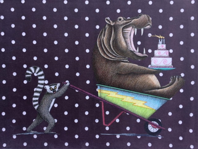 ‘Lemur and Hippo’, 24” x 18”, $400