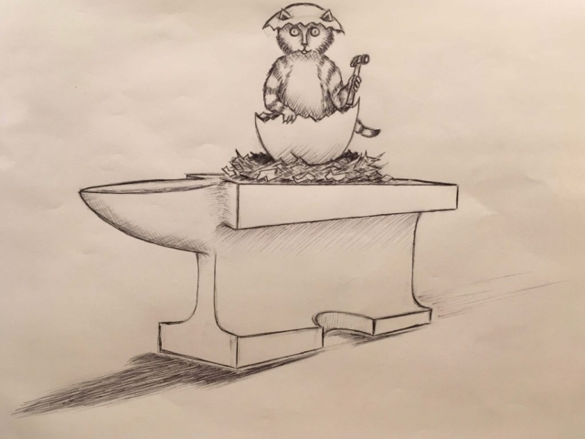 ‘Audie’s Egg Atop an Anvil’ – 12” x 9” sketch drawing—pencil and ballpoint pen.