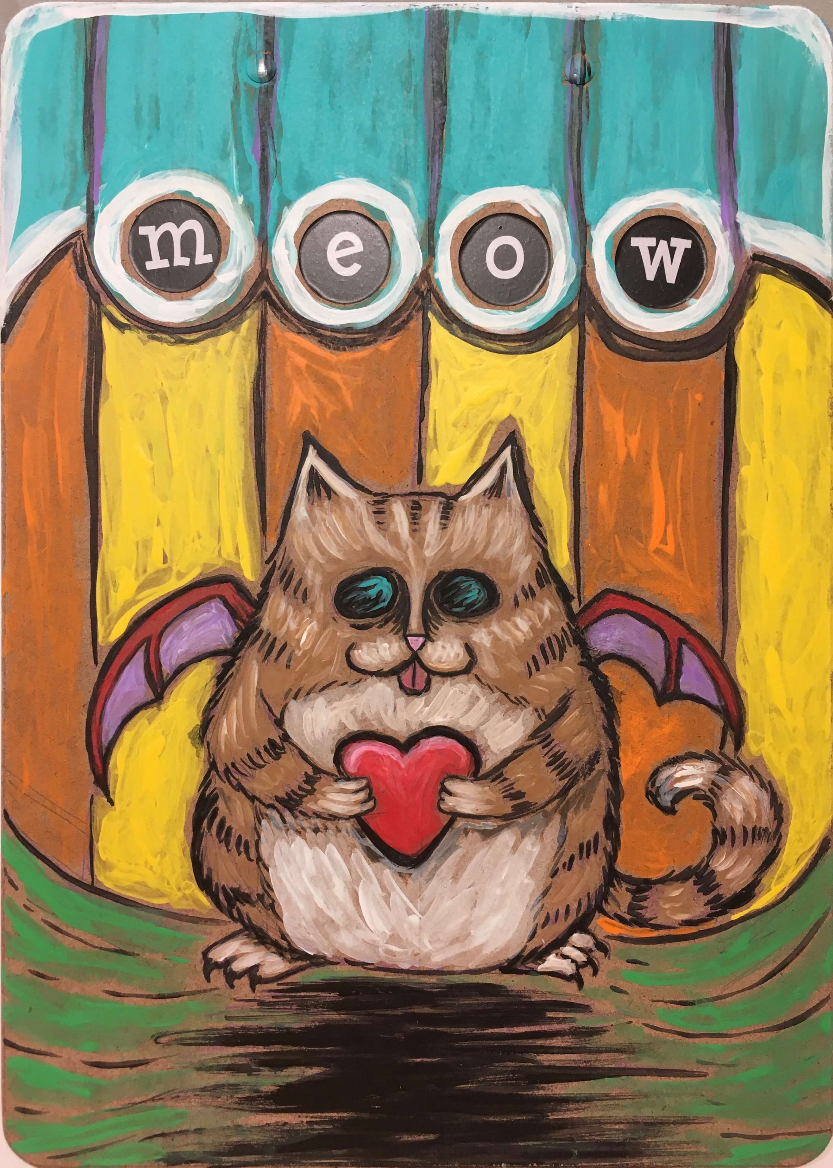 Original ‘Luv E. Cat’- 12.5” x 9” painting (on back of clipboard) – pencil and acrylic paints.