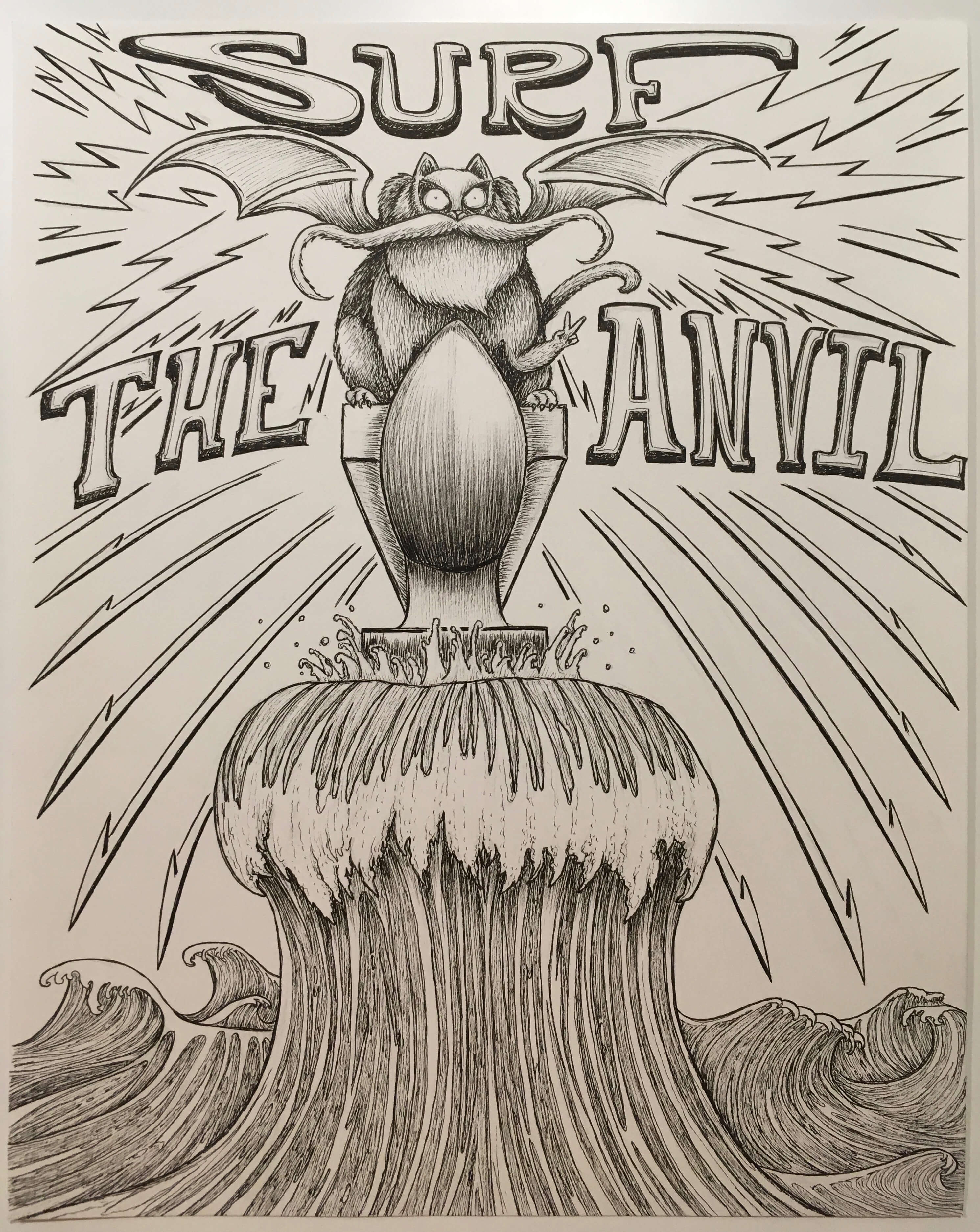 ‘Surf the Anvil’ – 14” x 11” Surfing Cat drawing – pencil and Sakura pens.